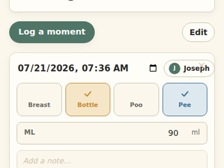 Momentini's home screen, showing last feed, poo and pee times